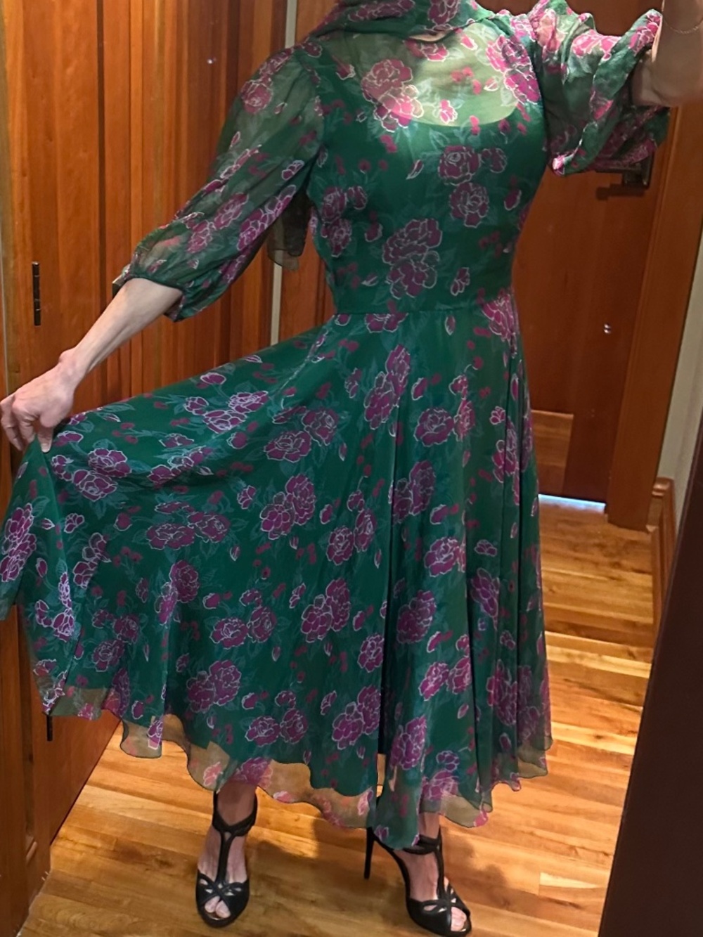 House of Arts, silk dress with scarf, green & pink, sz 12 but more like sz 6
